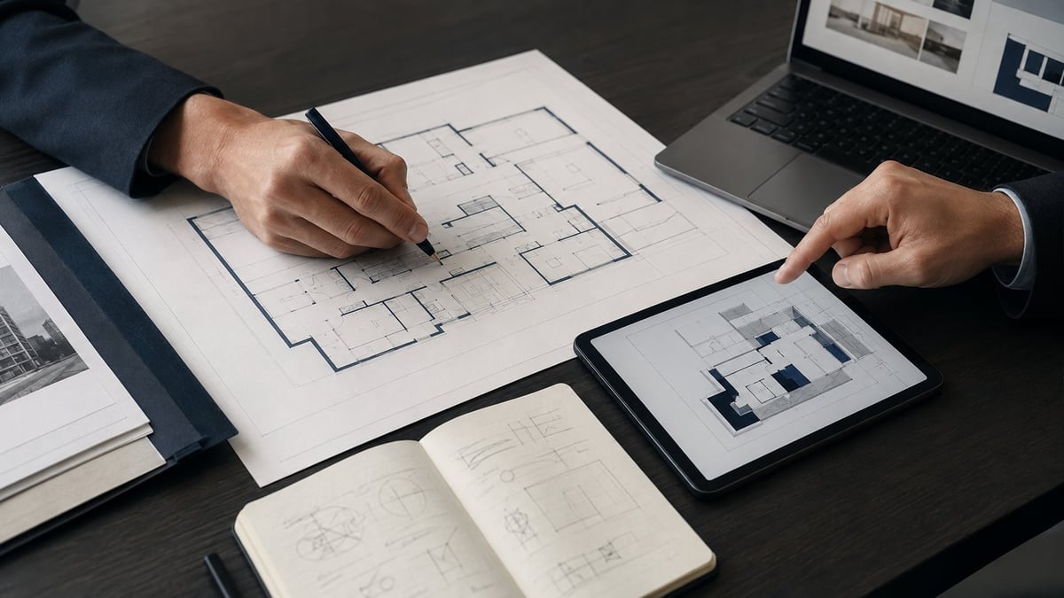 An architect or designer reviews floor plans and sketches on a desk with a laptop, tablet, and notebook nearby