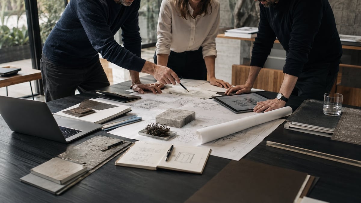 Three professionals collaborating over architectural plans and material samples on a dark conference table