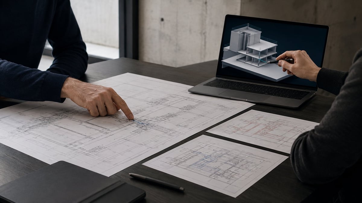 Two professionals reviewing architectural blueprints on a table with a laptop displaying a 3D building model
