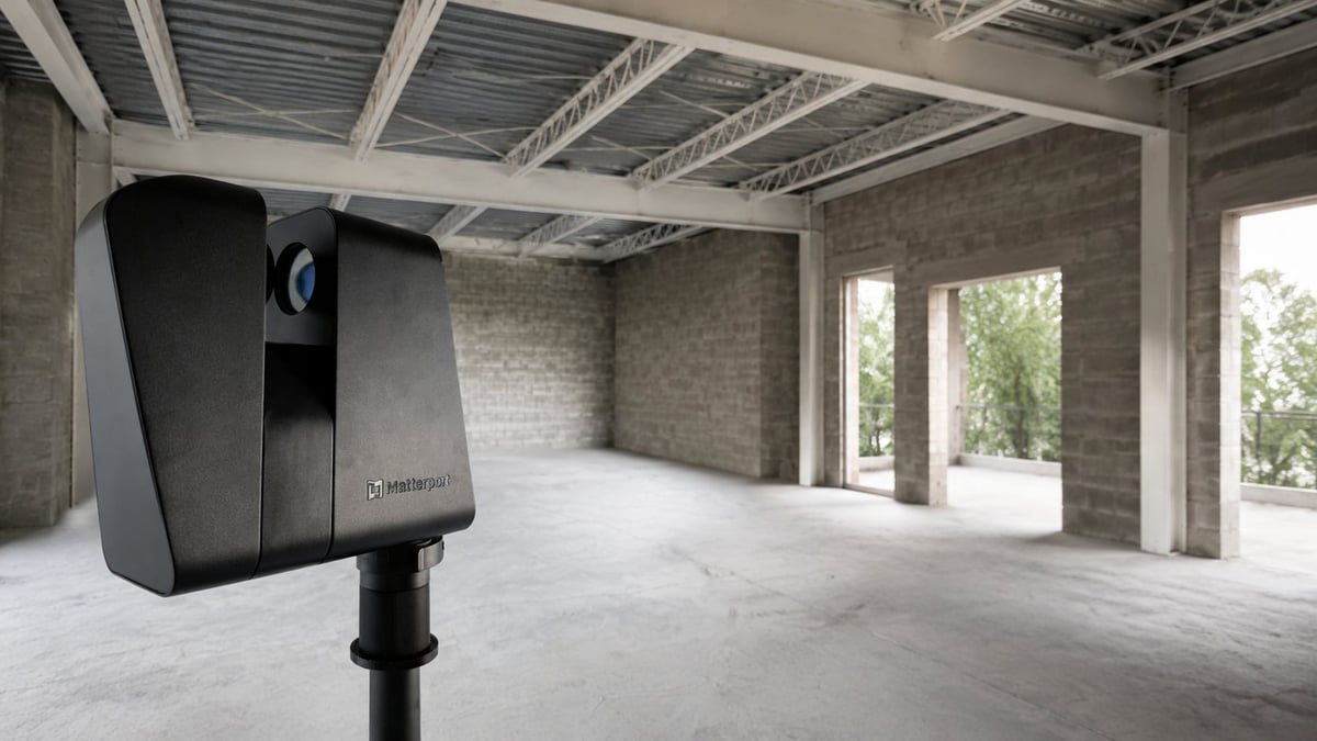 3D laser scanner on tripod in empty concrete construction interior with exposed ceiling and glass doors