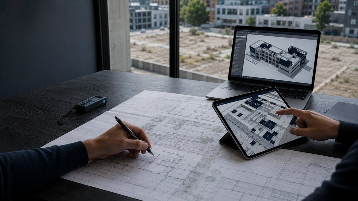 Two architects reviewing floor plans at a desk with a laptop displaying 3D building model and a tablet showing blueprints